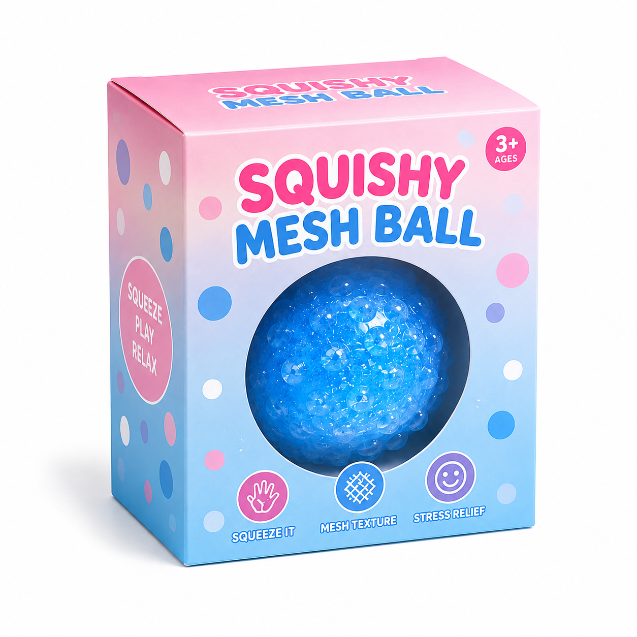 Blue Squishy Mesh Ball with pink blue packaging box front view squeeze play relax