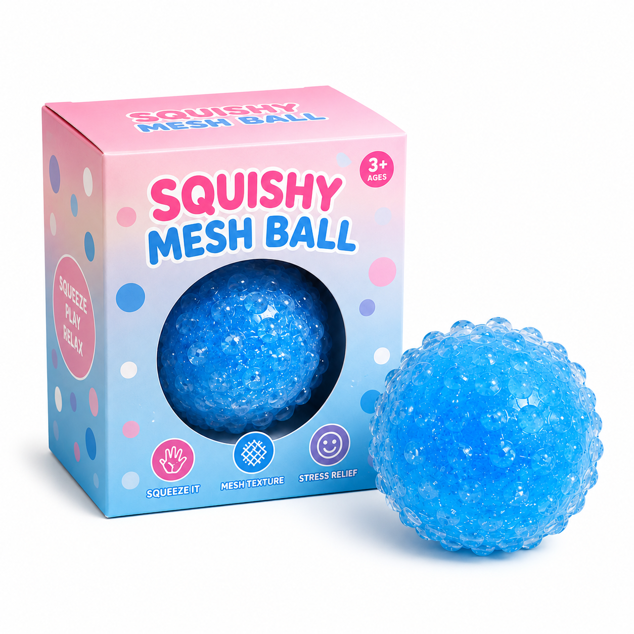Blue Squishy Mesh Ball next to pink blue packaging box angle view