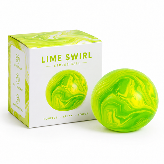 Lime Swirl Stress Ball green yellow swirl with white packaging box front view squeeze relax focus