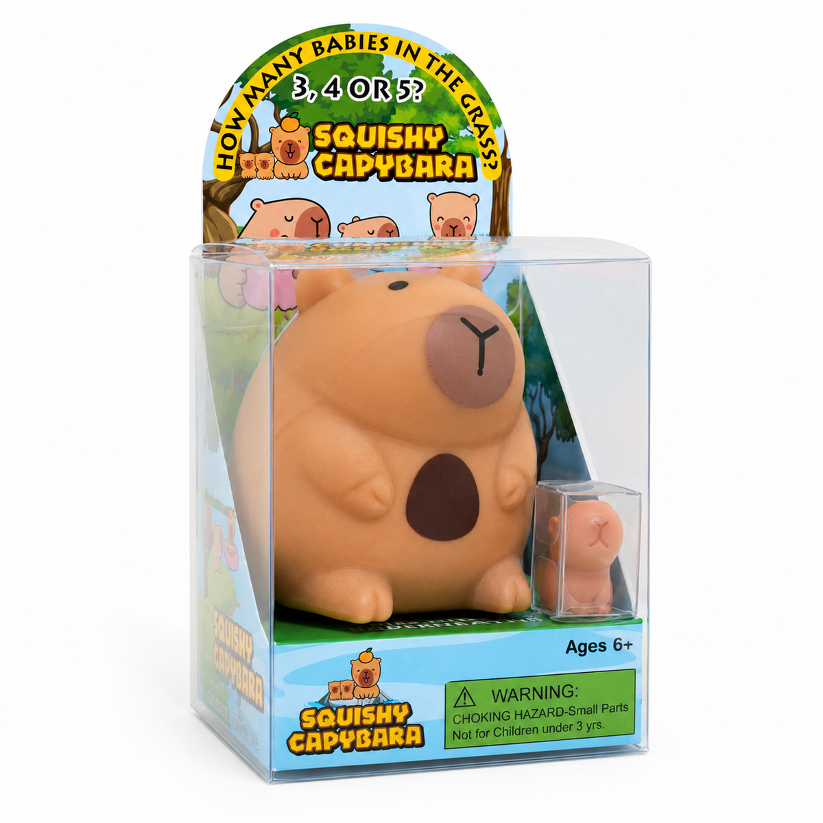 Squishy Capybara mama in clear box packaging front view with baby capybara ages 6+ choking hazard warning