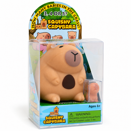 Squishy Capybara mama in clear box packaging angle view with baby capybara how many babies in the grass 3 4 or 5