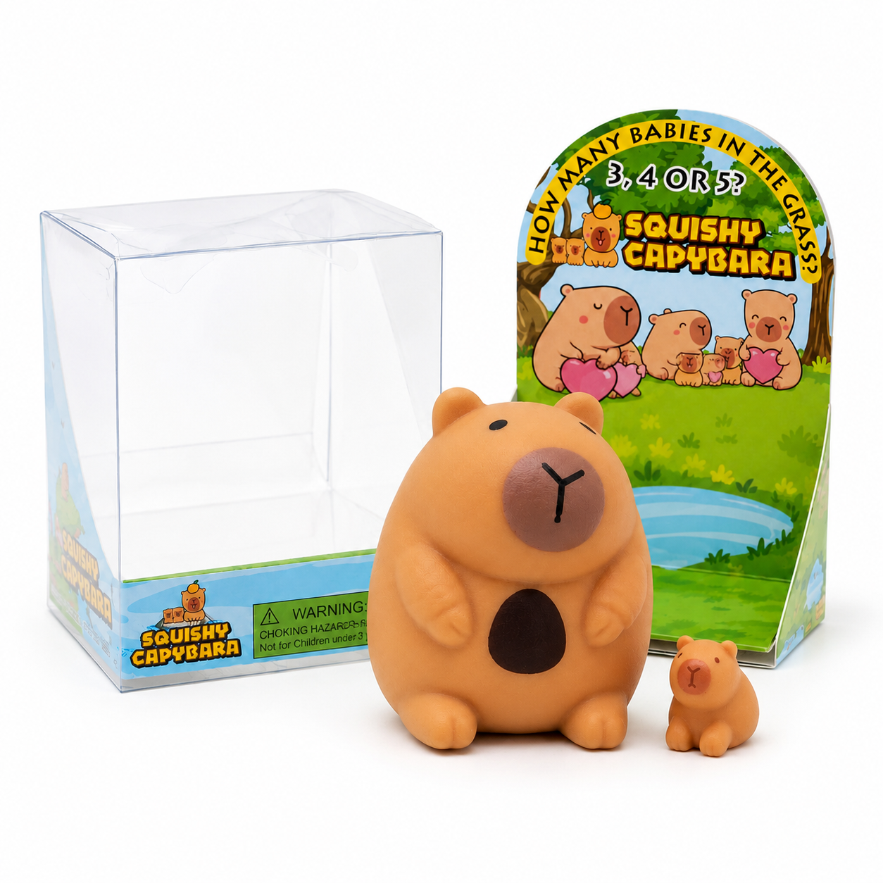 Squishy Capybara mama and baby figurine outside clear box with colorful display card squishy capybara family