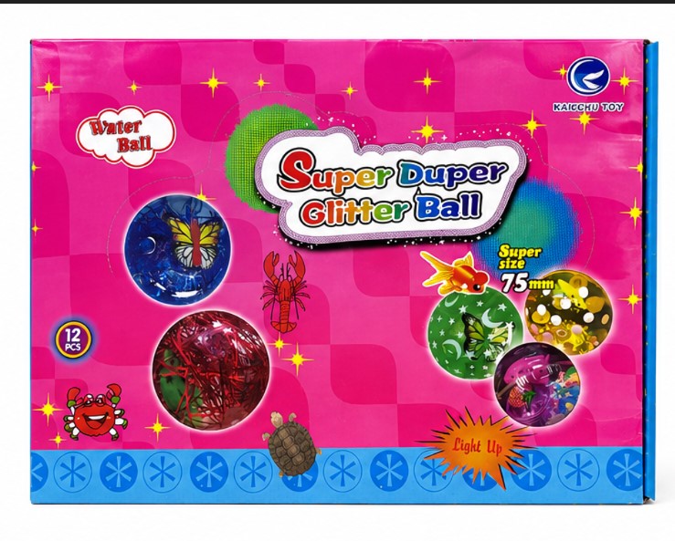 Super Duper Glitter Ball Light Up Water Ball 75mm Sensory Squeeze Toy Flashing Bouncy Ball Ages 3+