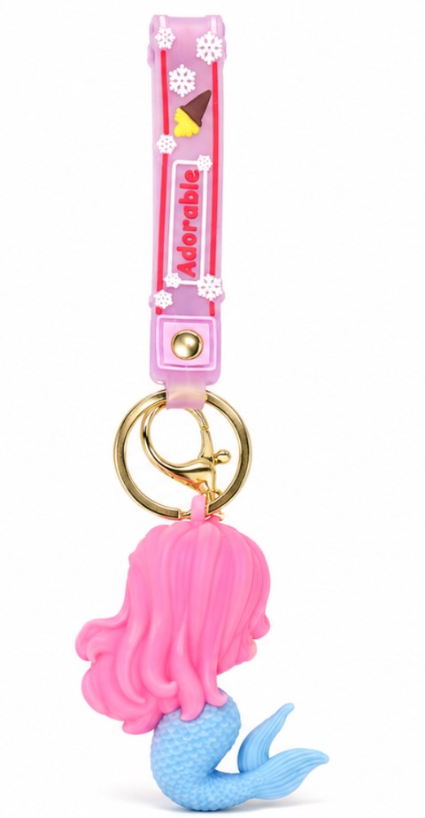 Cute Pink Mermaid Wristlet Keychain with Silicone Strap – Cartoon Princess Key Ring