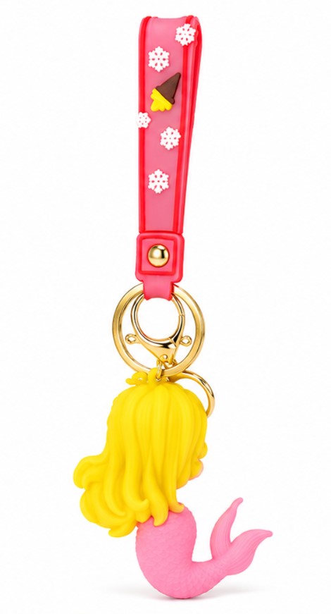 Cute Blonde Mermaid Wristlet Keychain with Silicone Strap – Cartoon Princess Charm