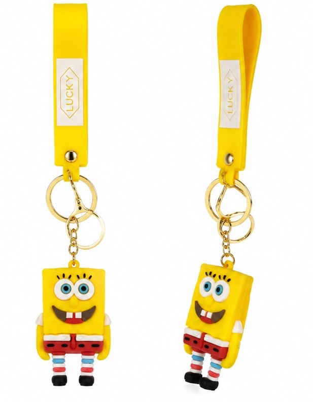 Cute Yellow Cartoon Sponge Wristlet Keychain with Silicone Strap – Character Charm