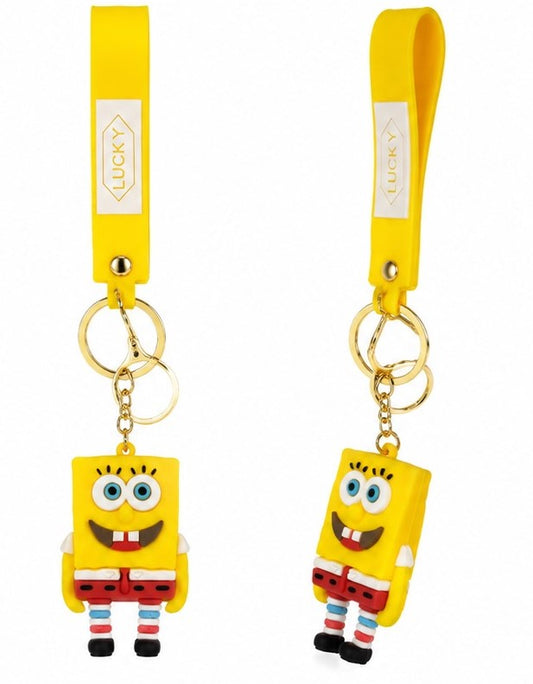 Cute Yellow Cartoon Sponge Wristlet Keychain with Silicone Strap – Character Charm