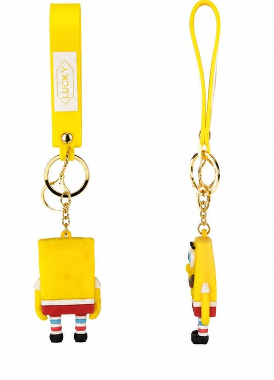 Cute Yellow Cartoon Sponge Wristlet Keychain with Silicone Strap – Character Charm