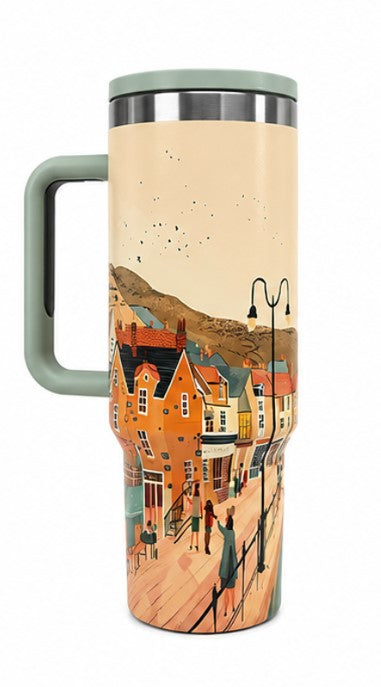 40oz European Village Insulated Tumbler with Handle – Premium Stainless Steel Travel Mug