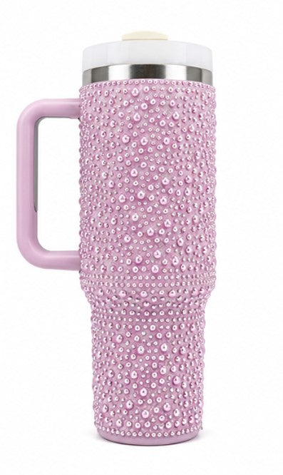40oz Pink Rhinestone Tumbler with Handle – Luxury Stainless Steel Insulated Travel Mug